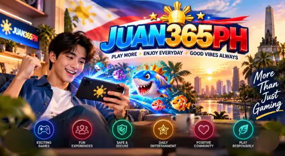 JUAN365PH banner: a young Filipino man cheering while playing a fishing game on his phone, with the Philippine flag, Manila skyline and the slogan Play more, enjoy everyday, good vibes always