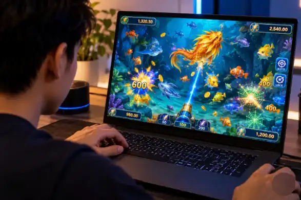 A player at a laptop playing an online fishing game with a golden dragon boss fish, cannon and win multipliers on screen